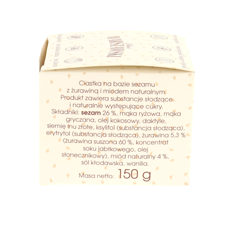 Bezglutenowe ciastka na bazie sezamu z żurawiną i miodem naturalnym (150g)  - skład