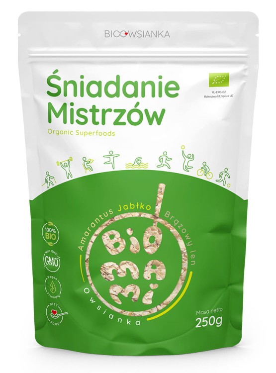 Bioowsianka Śniadanie Mistrzów Jabłko-Amarantus-Brązowy Len (250g)