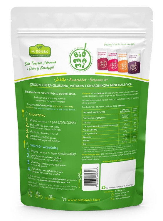 Bioowsianka Śniadanie Mistrzów Jabłko-Amarantus-Brązowy Len (250g) - skład