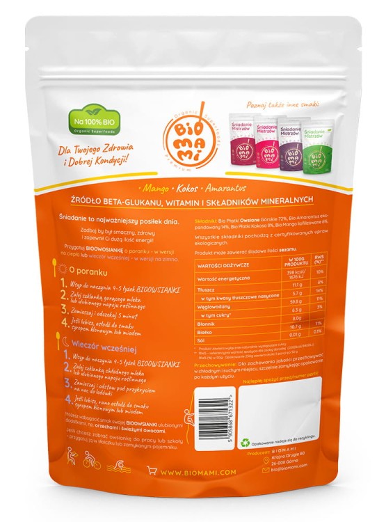 Bioowsianka Śniadanie Mistrzów Mango-Kokos-Amarantus (250g) - skład