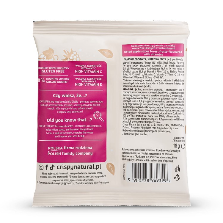 Jabłka ze smakiem - Owoce leśne - Suszone chipsy z jabłek (18g) - sklad